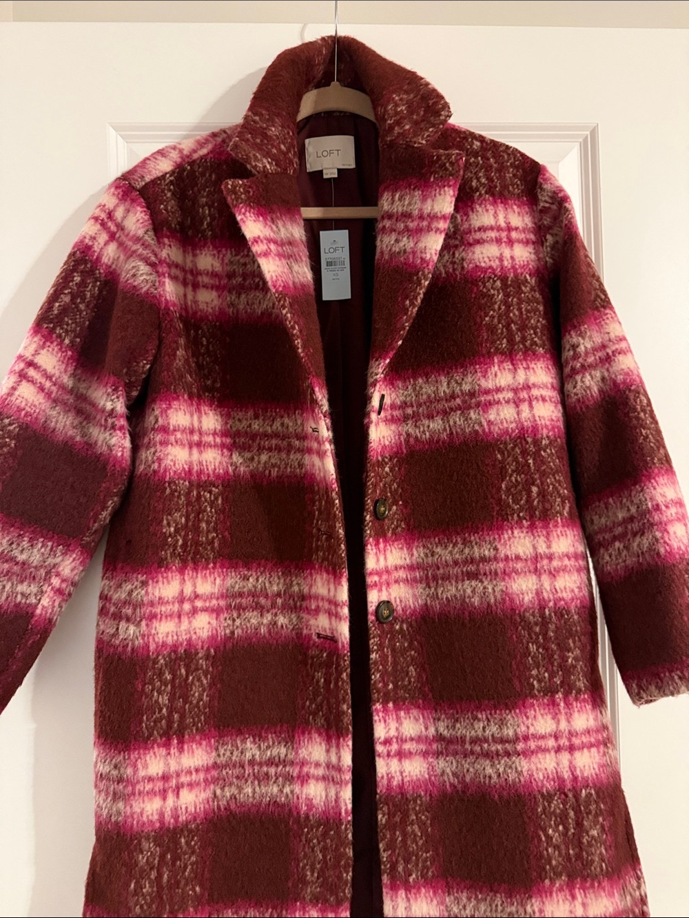 LOFT Burgundy & Pink Plaid Long Pea Coat
